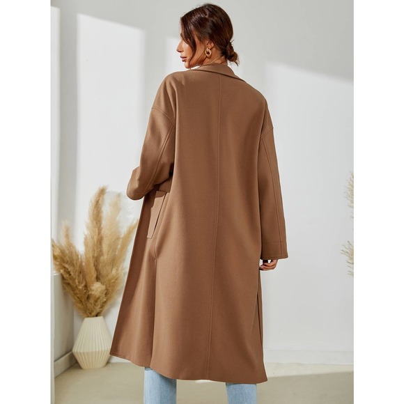Camel tan brown pea coat Split Hem Overcoat - Picture 2 of 7